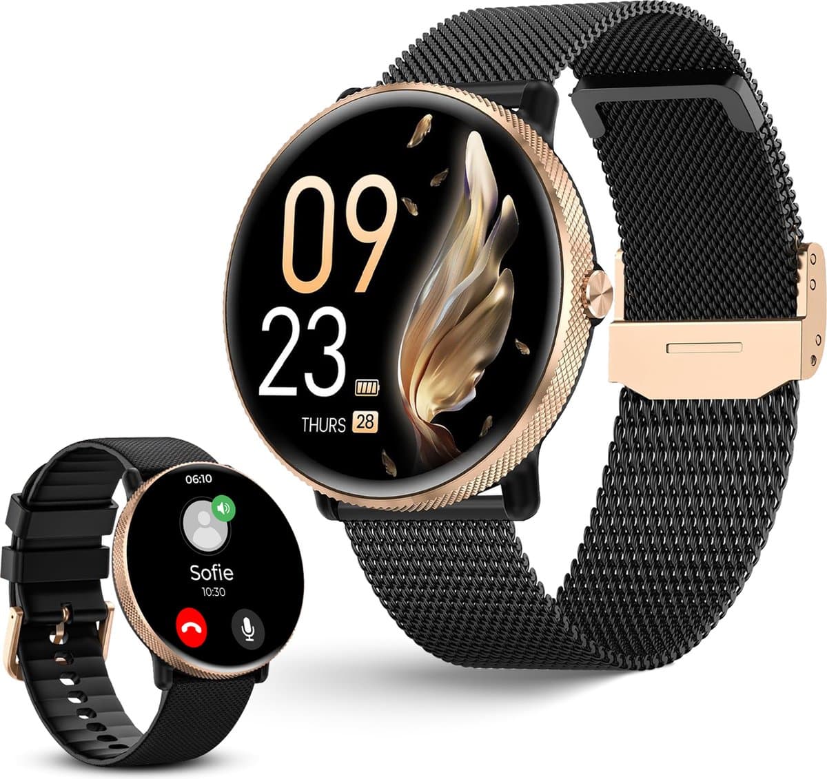 DynaBright AMOLED Smartwatch Dames en Heren - 1x RVS en 1x Siliconen Bandje - Zwart en Goud - Geschikt voor iOS (Apple) & Android - Stappenteller en Hartslagmeter — afbeelding 1