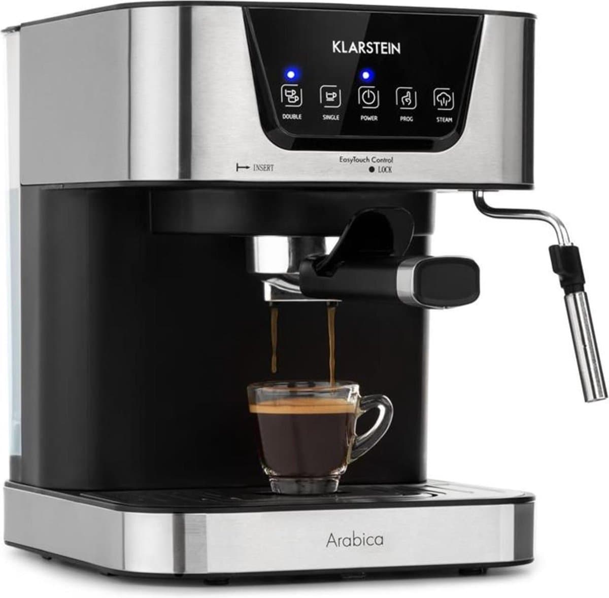 Klarstein 1,5L portafilter koffiemachine voor 2 kopjes koffie, mini espressomachine met melkschuimer, 15 bar portafilter koffiemachine, kleine, goede espressomachine, roestvrijstalen espressomachine 1050W — afbeelding 1