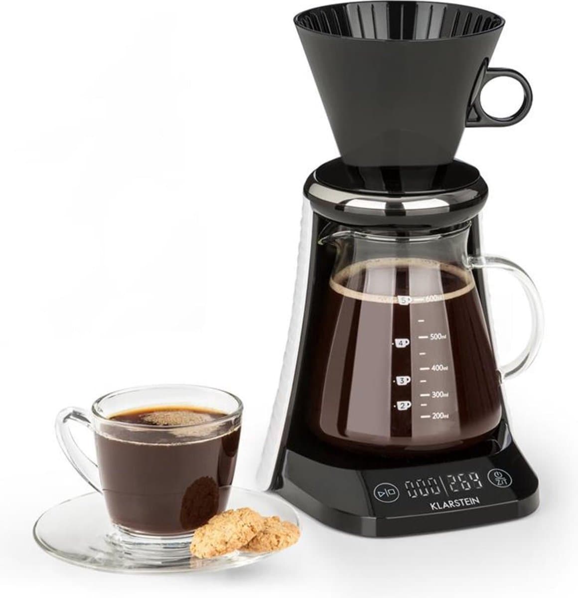 craft coffee weegschaal timer glazen kan filteropzet 600ml zwart/wit — afbeelding 1