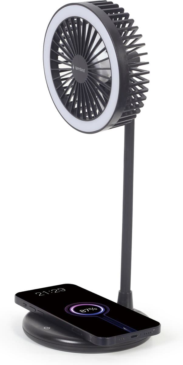 3-in-1 tafelventilator met draadloze telefoonlader en LED verlichting — afbeelding 1