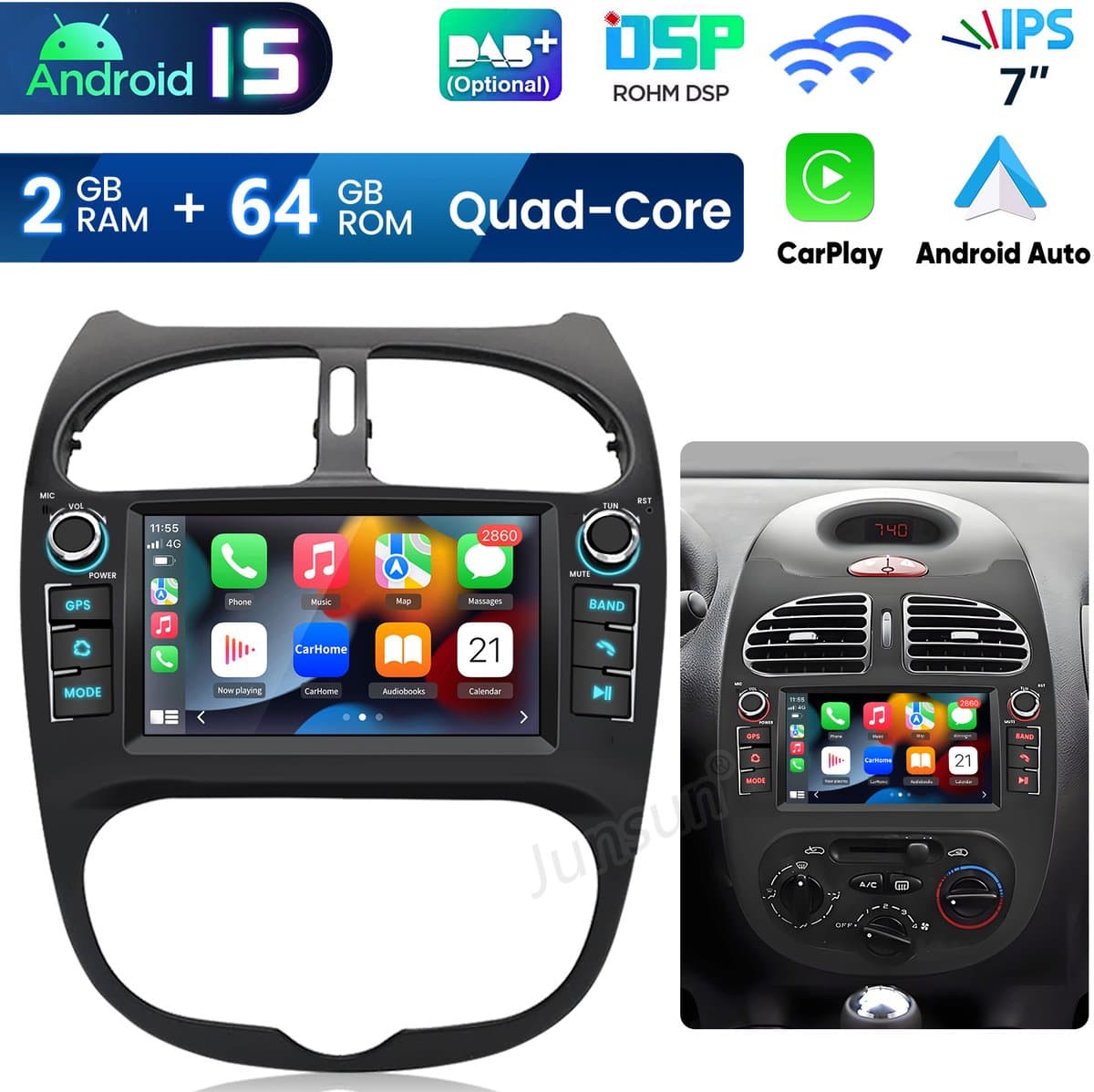 Hexinex Quad-Core autoradio Geschikt voor Peugeot 206 (2001-2016) - Draadloos CarPlay, Android Auto, multimediaspeler, Android 15, 2GB+64GB — afbeelding 1