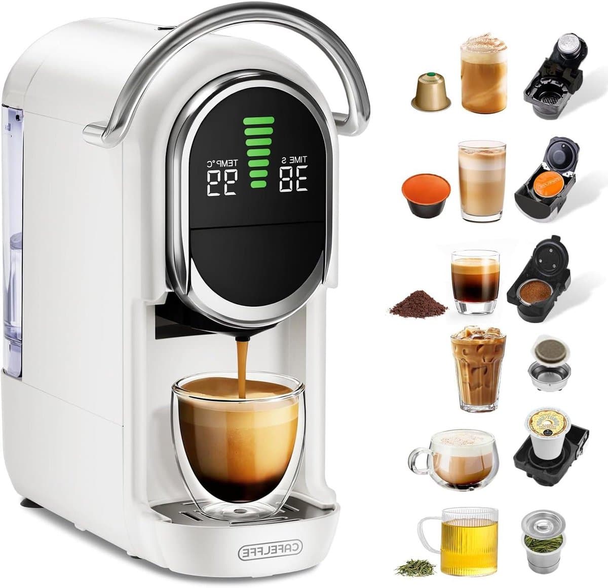 CAFELFFE MK-609S 6-in-1 capsulekoffiezetapparaat, 7 waterinstellingen en warm-/koudzetfunctie, 19 bar espressomachine, compatibel met NES Original/DG/ESE/K-cupcapsules/thee/gemalen koffie, 1450 W — afbeelding 1