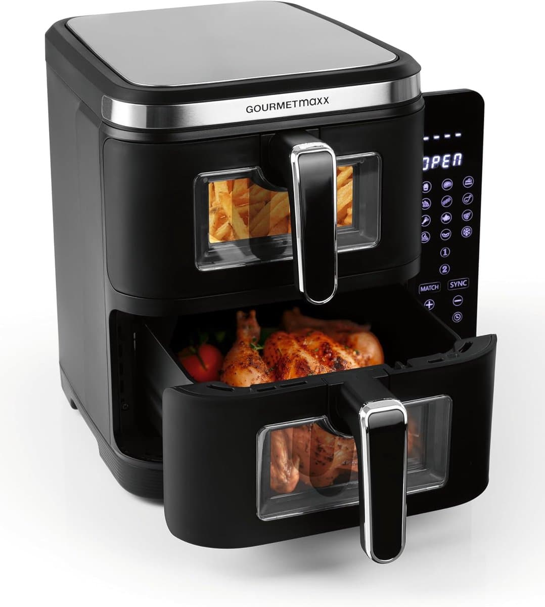 Heteluchtfriteuse Dubbele Kamer - Airfryer XXL - Twee Gerechten Tegelijk - Slank Design Kijkvensters - 10 Liter Volume - Zwart — afbeelding 1