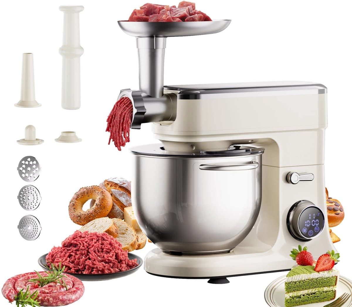 Flolife - Keukenmachine 7 Liter 1200W – Standmixer met DC Motor, Deeghaak, Ballongarde, Klopper en Vleesmolen Accessoire — afbeelding 1