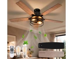 Rosnek Plafondventilator met Verlichting Ø132cm- Smart Lamp met Afstandsbediening - Plafonniere Keuken Lamp met 6 Ventilatiesnelheden - Plafond Ventilator Lamp met Timer, Landelijke Stijl voor Slaapkamer, Woonkamer & Terras