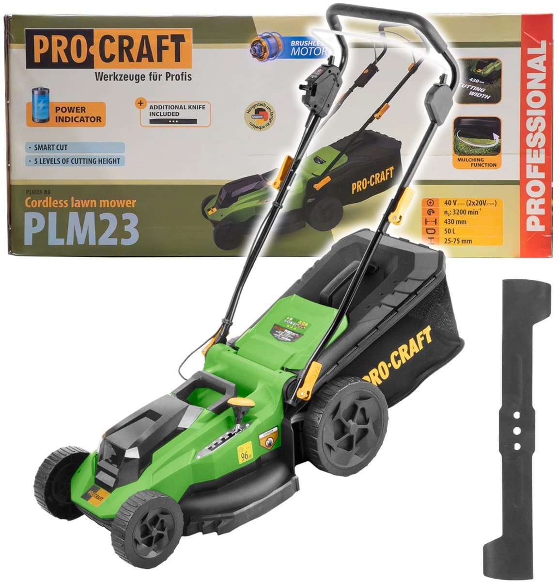 Procraft PLM23bb accu-grasmaaier 40 V (2x 20 V) 430 mm Brushless Solo – zonder accu, zonder oplader — afbeelding 1