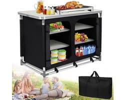 Campingkeuken met 6 Compartimenten, Opvouwbaar Keukenmeubel, Aluminium Frame, Ideaal voor Kamperen, Reiskeuken met Opbergruimte en Draagtas