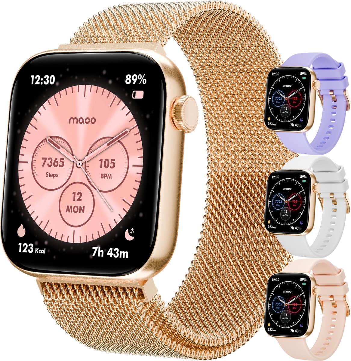 Maoo ProWatch AMOLED Smartwatch Dames en Heren - Milanese Bandje en 3 Siliconen Bandjes - Stappenteller - Hartslagmeter- Bloeddrukmeter - Slaapmonitor - Multisport - Geschikt voor Android en iOS - Rosé Goud — afbeelding 1