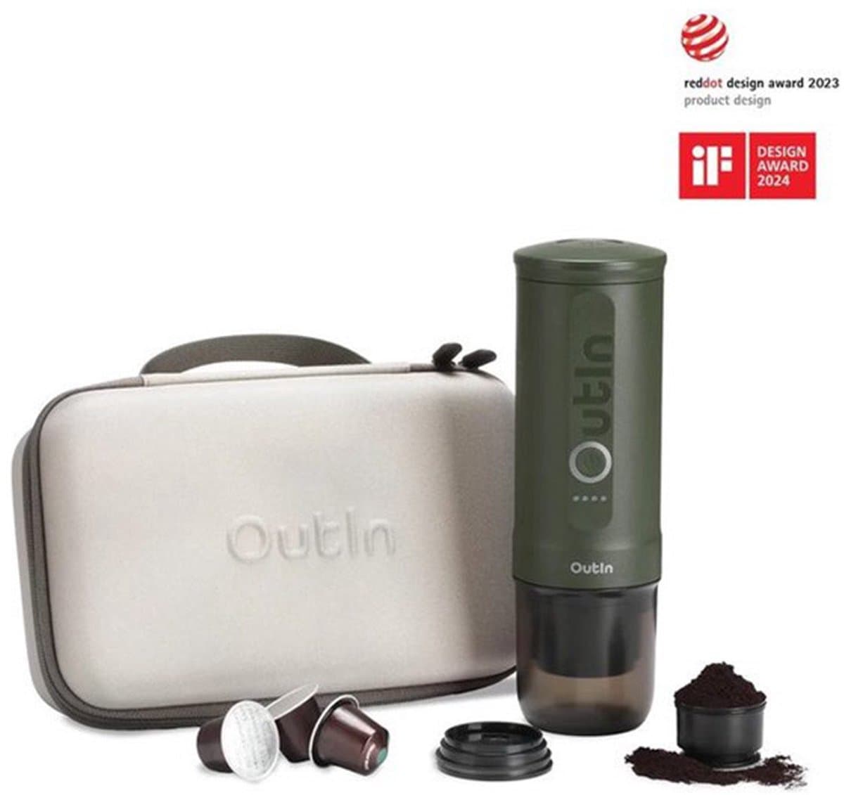 Outin - Draagbare Elektrische Espressomachine met Beschermkoffer | Koffiezet apparaat voor Onderweg | Capsules & Gemalen Koffie | Portable Espresso Machine | Cadeauset | 20 bar | Draagbare Koffiemachine | Reis & Camping Koffiezetapparaat | 12 volt — afbeelding 1