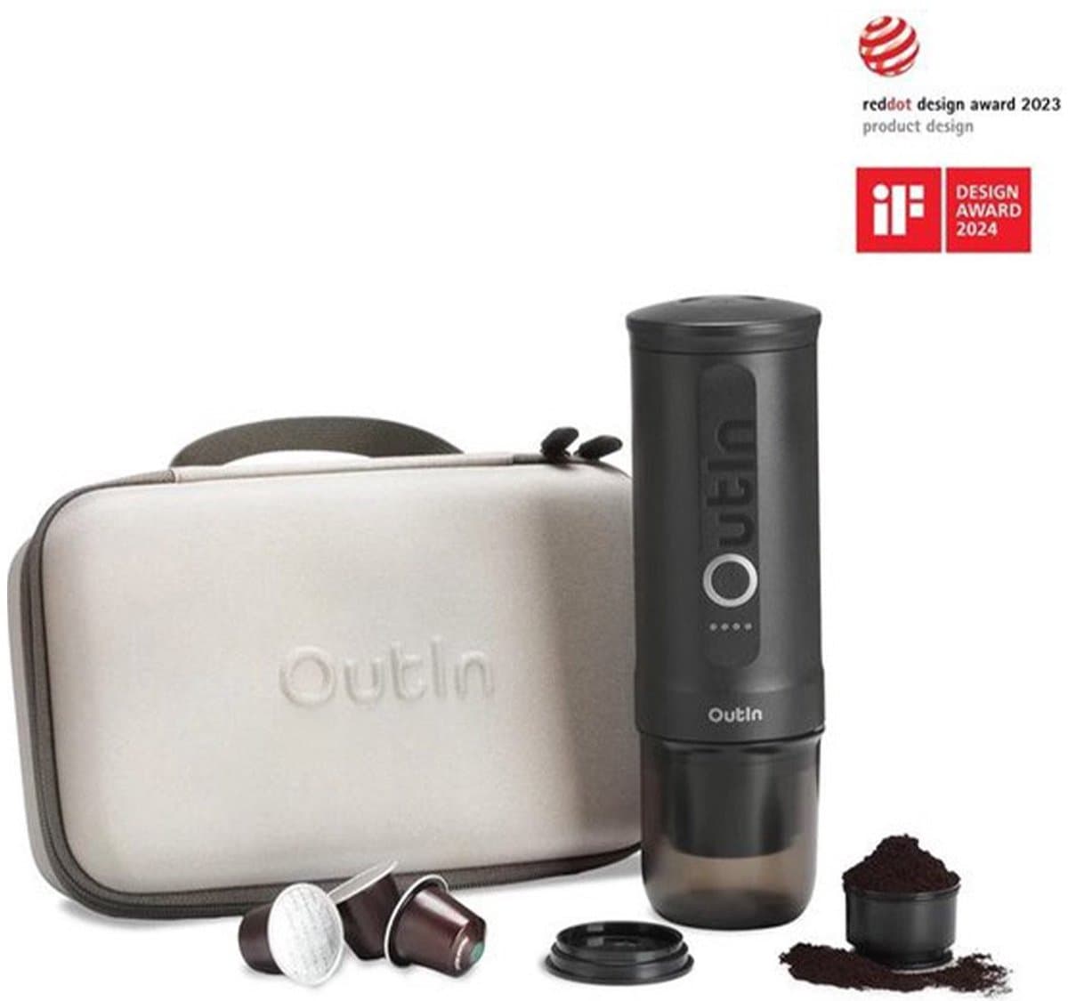 Outin - Draagbare Elektrische Espressomachine met Beschermkoffer | Koffiezet apparaat voor Onderweg | Capsules & Gemalen Koffie | Portable Espresso Machine | Cadeauset | 20 bar | Draagbare Koffiemachine | Reis & Camping Koffiezetapparaat | 12 volt — afbeelding 1