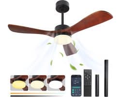 Rosnek Plafondventilator met Verlichting - Ø 106cm - Massief Houten Bladen - Stille DC Motor - App & Afstandsbediening - Dimbare LED - Zomer en Winterstand - Slaapkamer/Woonkamer