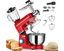 Keukenmixer 5-in-1 - Keukenmachine multifunctioneel - Bakken en koken - 1400W kantelbare kop - 10L kom - Rood