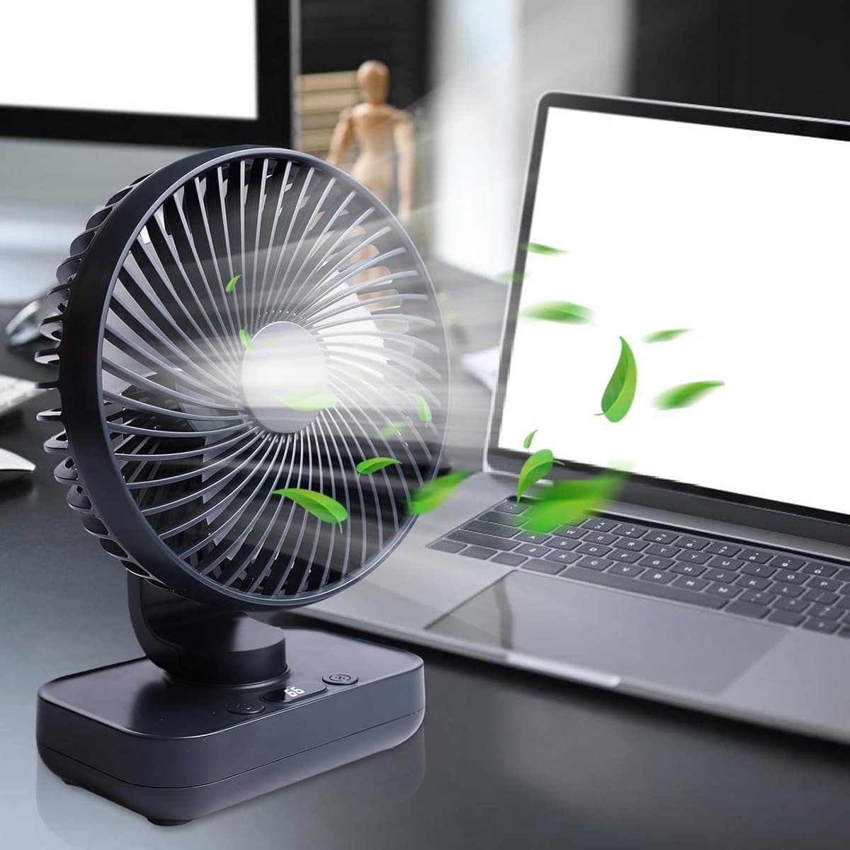 QTTVBTNA – Ventilator - Mini Tafelventilator met Oscillatie – USB Oplaadbare Ventilator - Klein & Geruisloos – 3600mAh – Draadloze Bureauventilator – Voor Bureau, Slaapkamer, Kantoor, Thuis, Camping en Picknick – Donkerblauw — afbeelding 1