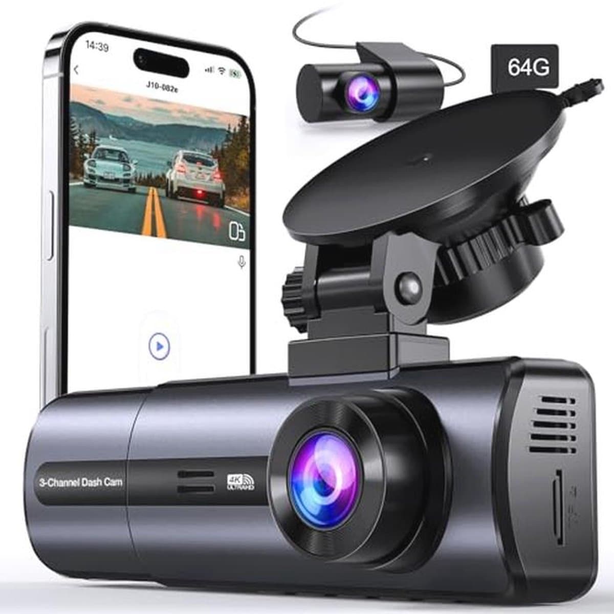 Dashcam 3-kanaals 1080P voor en binnen met auto — afbeelding 1