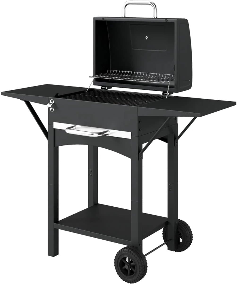 Premie Houtskool Barbecue - Smoker Barbecue - Barbecuegrill - Grillwagen - Houtskoolgrill met 2 Bijzettafels, Groot Grilloppervlak, Deksel, Thermometer, Planken - Verplaatsbaar - BBQ voor buiten, tuin - Zwart — afbeelding 1