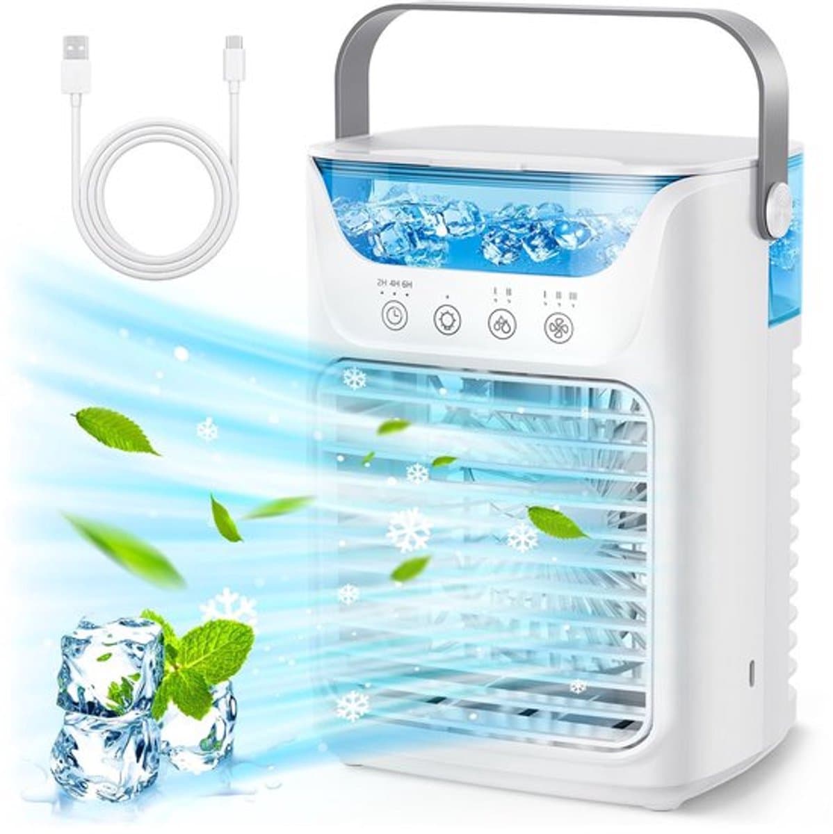 Airconditioningventilator - Draagbare airconditioner, luchtkoeler, luchtbevochtiger en bureauventilator 4-in-1 met 700 ml reservoir / 2 koude nevelstanden / 3 automatische timers / 7 kleuren nachtverlichting — afbeelding 1