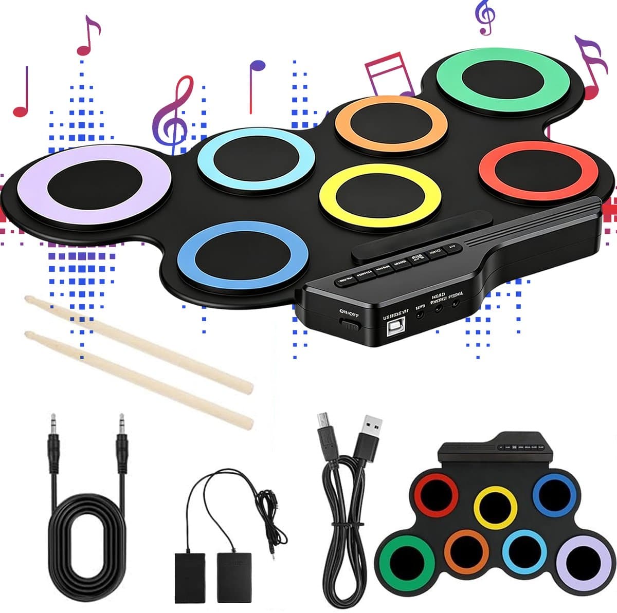 Oprolbaar Elektronisch Drumstel - Draagbare Drum Pad Set 7-in-1 - 7 Siliconen Drumpads - 8 Demoliedjes, 5 Drumgeluiden en 3 Ritmes - USB- of Batterijvoeding - 3,5mm Audioaansluiting - Voor Beginners, Thuis en Onderweg — afbeelding 1
