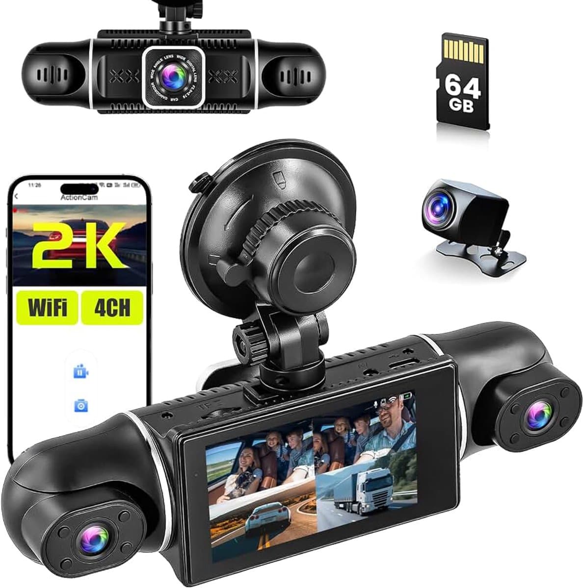 4-kanaals dashcam autocamera met 3 inch IPS, 360° 4-kanaals dashcam auto voor achter 2K + 1080p x 3, autocamera met G-sensor 64GB-kaart, wifi dashcam met app-bediening, loop-opname, nachtzicht — afbeelding 1