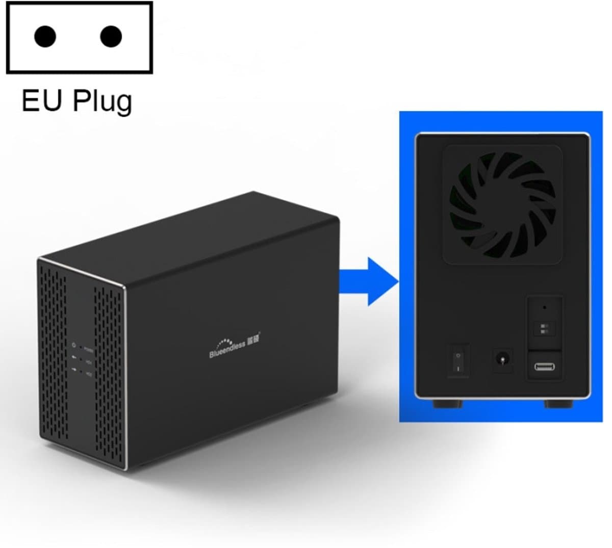Blueendless Type-C / USB-C-interface 3,5 inch 2 Bay RAID Combination Array HDD externe behuizing (EU-stekker) — afbeelding 1