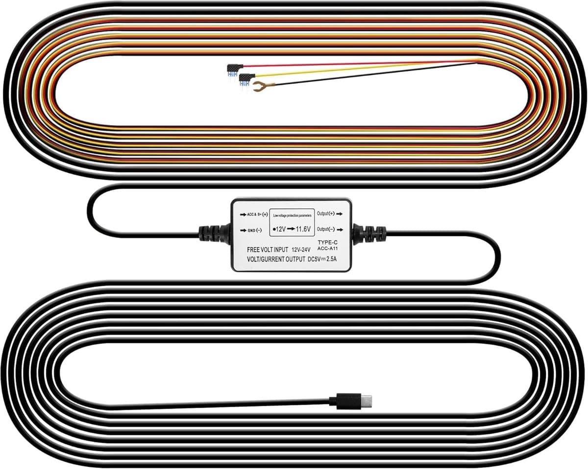 Dashcam voor auto - Zwart - Hardwire Kit met USB C Voedingspoort - 24 uur Parkeerbewaking en Spanningsindicator — afbeelding 1