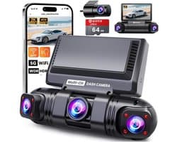 360° Dash Cam - Zwart - 4 Kanalen - Draadloze 2K Autocamera met Nachtzicht - Voor Auto's