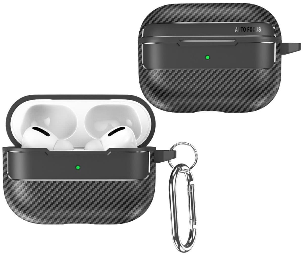 TPU Hoesje geschikt voor Apple AirPods Pro 3 | met Karabijnhaak | Carbon Textuur | Zwart — afbeelding 1