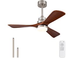 Houten Plafondventilator 42 inch - Met Licht en Afstandsbediening - Binnen en Buiten Gebruik - Modern Design met 3 Bladen - Geschikt voor Terras, Woonkamer, Boerderij - Zijde Nikkel Afwerking