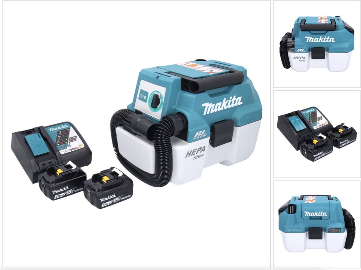 Makita DVC 750 LRT accustofzuiger LXT 18 V 67 mbar 7,5 l borstelloos + 2x accu 5,0 Ah + oplader — afbeelding 1