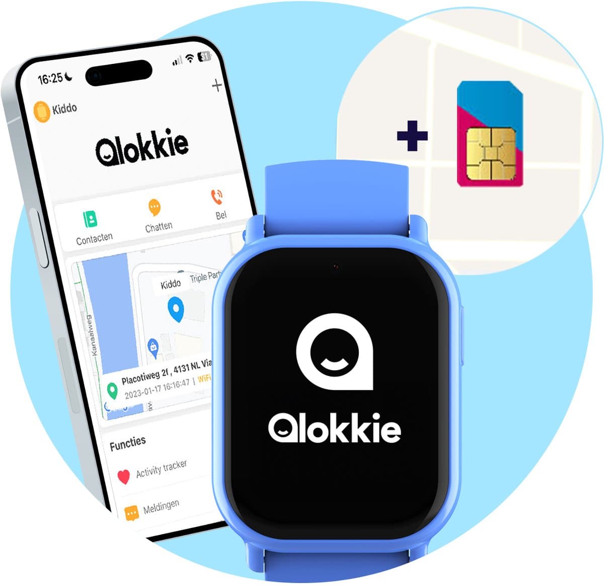 Qlokkie Kiddo Mini - GPS horloge kind - Smartwatch kinderen - GPS tracker kind met nauwkeurige locatiebepaling - GPS horloge kind met simkaart - Stel veilige zones in - SOS functie - Blauw — afbeelding 1