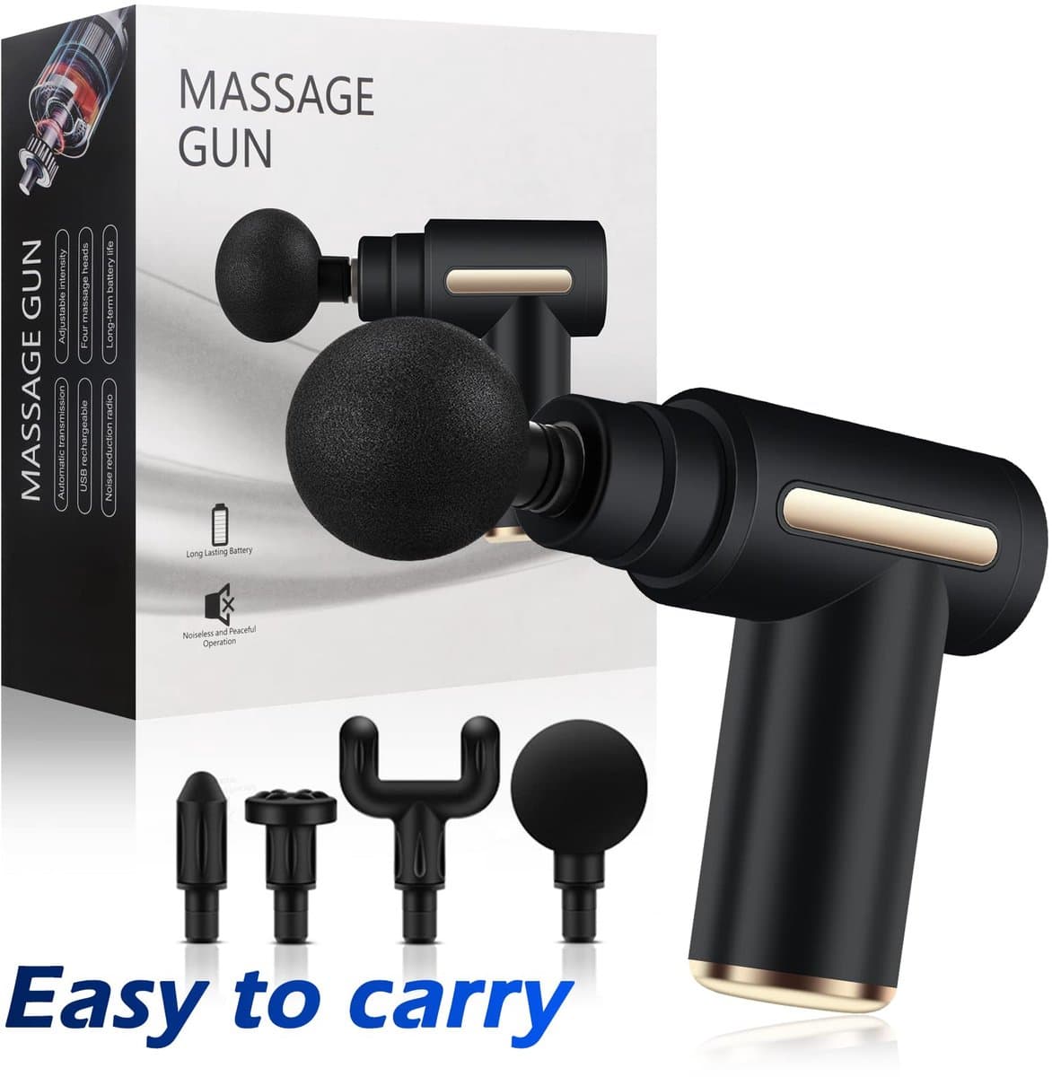 Massage gun met 4 hulpstukken incl. oplaadbare accu. Relaxen massage apparaat met instelbare intensiteit, 4 verschillende hulp stukken en USB C laadkabel. — afbeelding 1