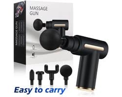 Massage gun met 4 hulpstukken incl. oplaadbare accu. Relaxen massage apparaat met instelbare intensiteit, 4 verschillende hulp stukken en USB C laadkabel.