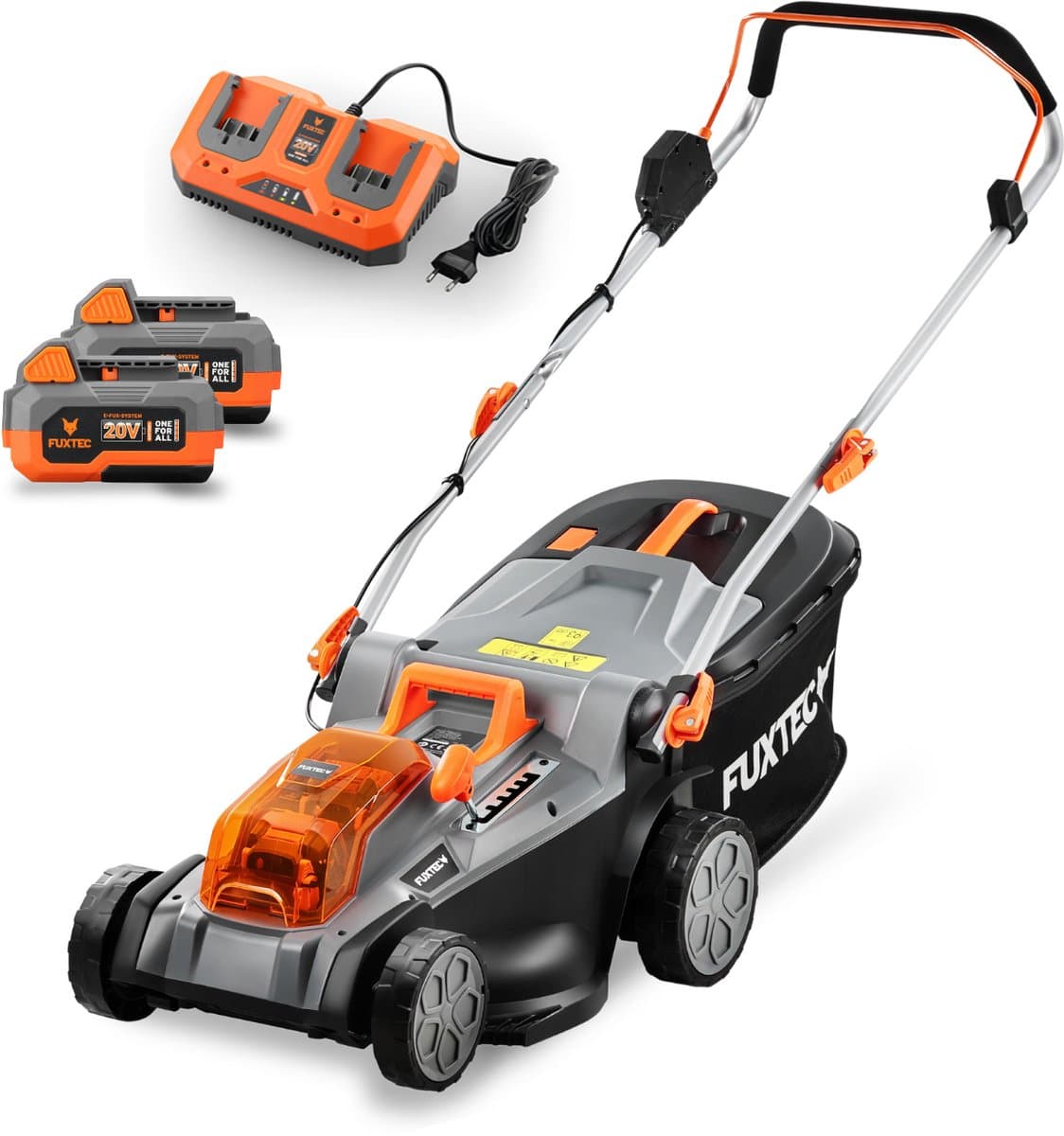 Accu grasmaaier 40V (2X20V) - FUXTEC FX-E2RM43 - 43cm 2 x 4Ah Li-Ion accu's, dubbele 2,4A lader, 40L opvangbak — afbeelding 1