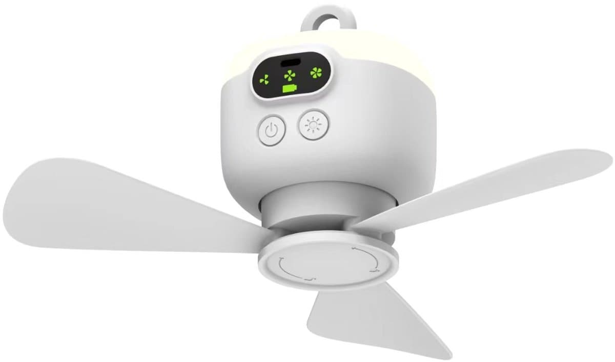 Kampeerventilator 8000mAh op batterijen, draagbare, oplaadbare tentventilator met afstandsbediening, plafondventilatorlamp met 3 afneembare ventilatorbladen, timer, 4 snelheden met gratis afstandsbediening voor buiten, wit — afbeelding 1