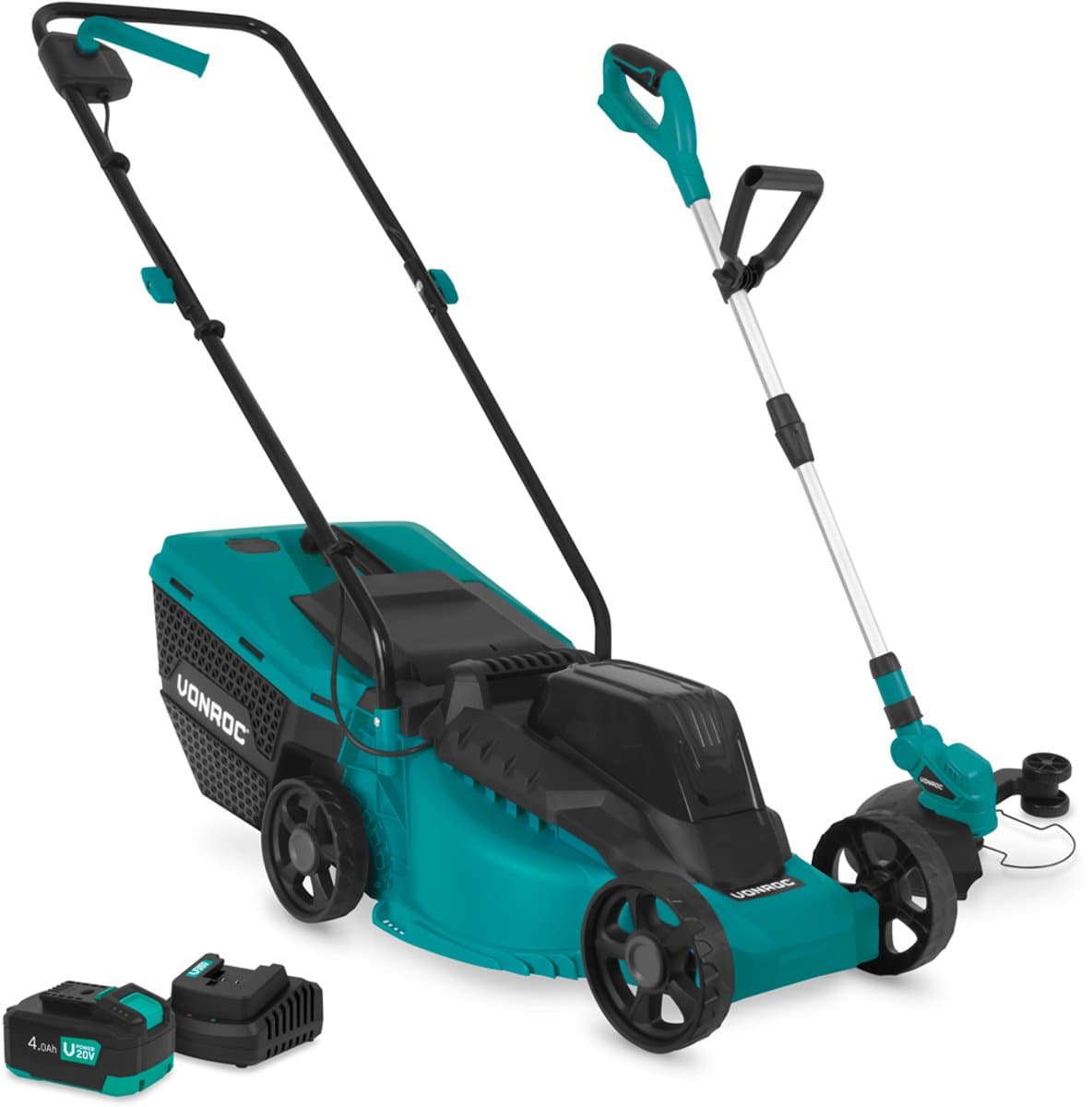 VONROC Accu Grasmaaier 20V en Grastrimmer 20V - Complete Set - 32 cm maaibreedte - Borstel-loze motor - Drie instelbare maaihoogtes: 30/50/70 mm - Incl. 30L Opvangbak - Incl. 4.0Ah Accu en snellader — afbeelding 1