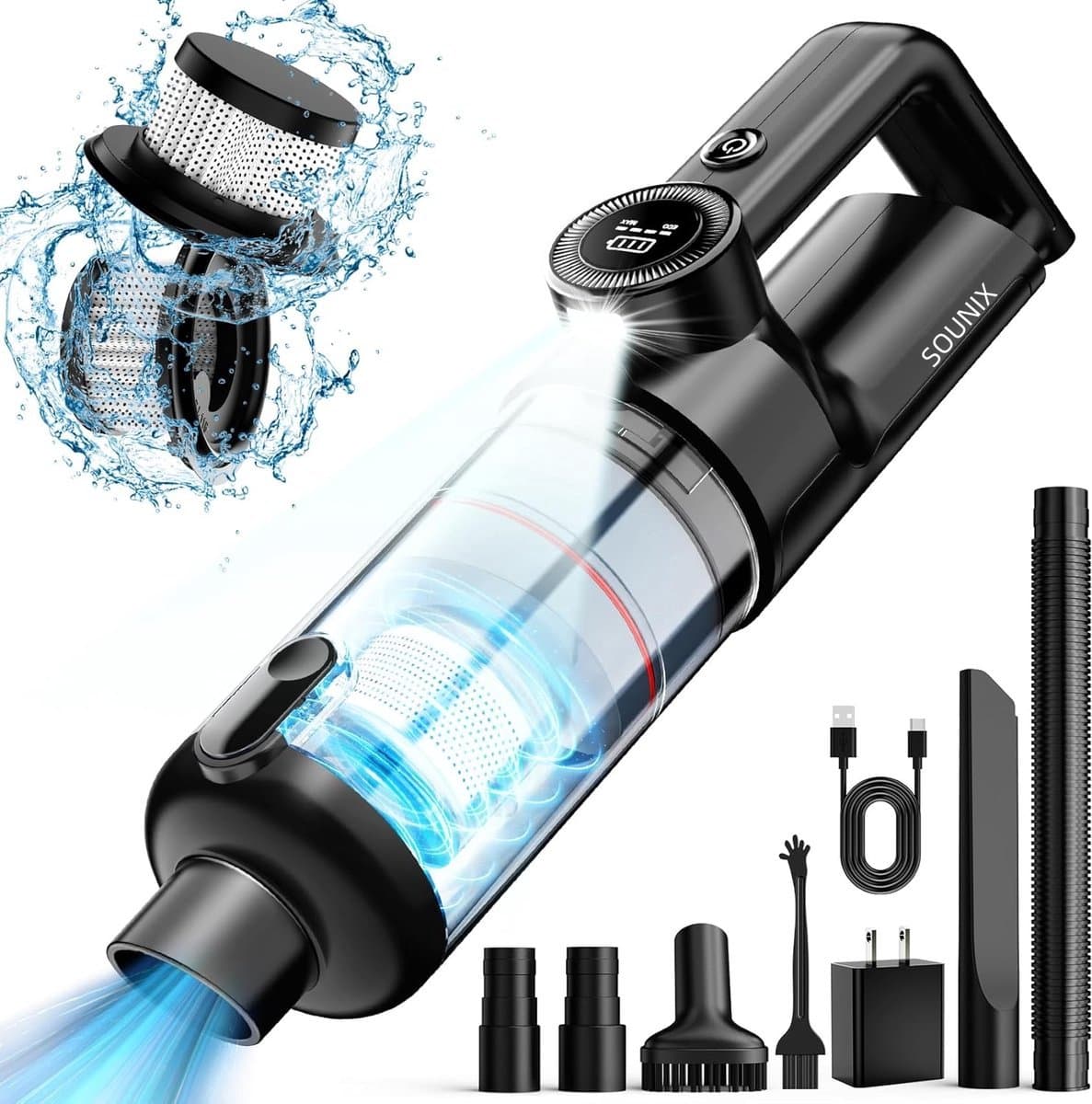 Sounix Kruimeldief snoerloos - Handstofzuiger oplaadbaar - LED verlichting - LED-scherm - Auto stofzuiger - Zwart — afbeelding 1