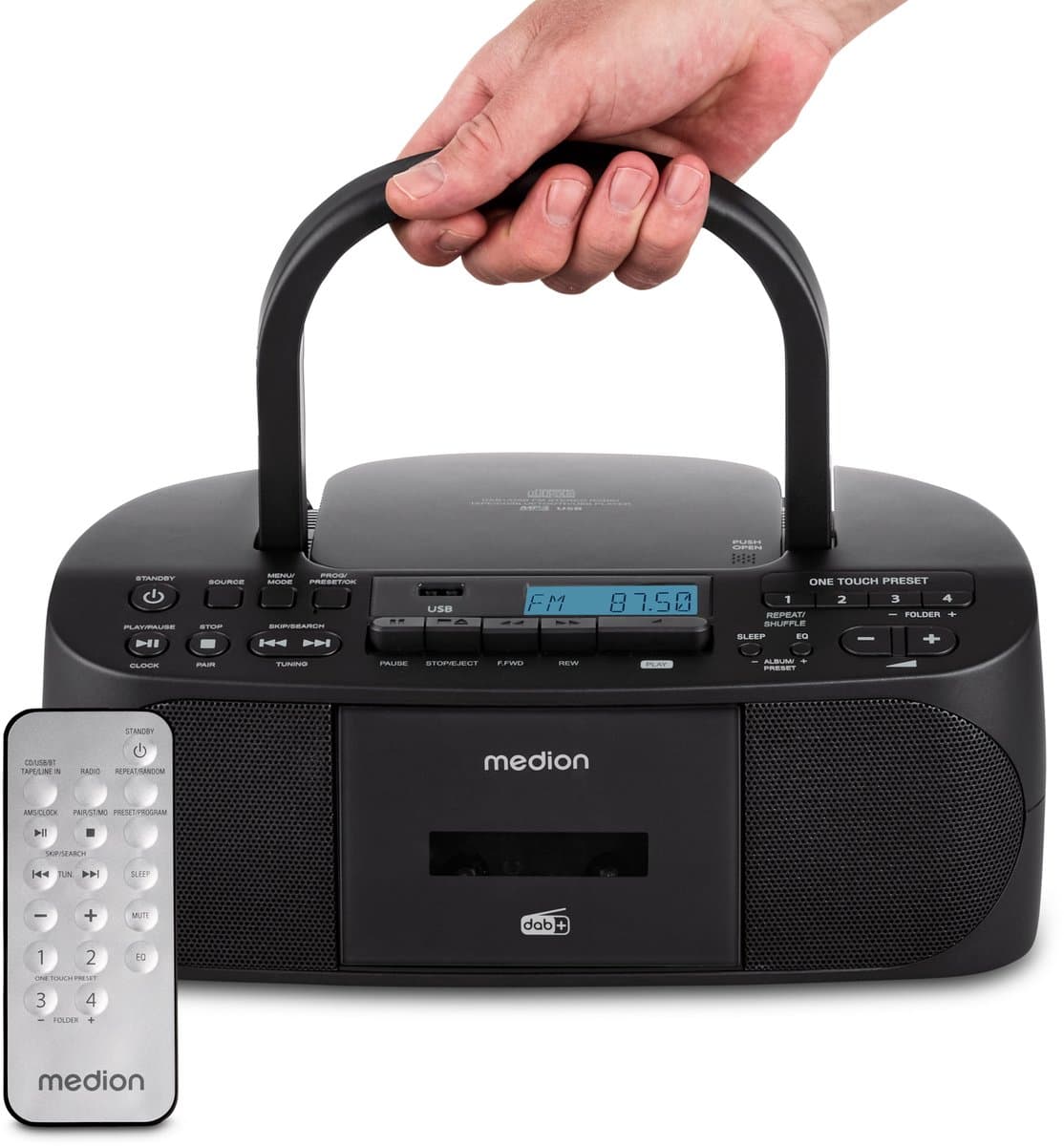 MEDION DRX-1 Plus Boombox (draagbare DAB+ & FM-radio, Bluetooth, cd-speler, MP3, cassette, hoofdtelefoonaansluiting, stereo, AUX, netstroom & batterijen) zwart — afbeelding 1