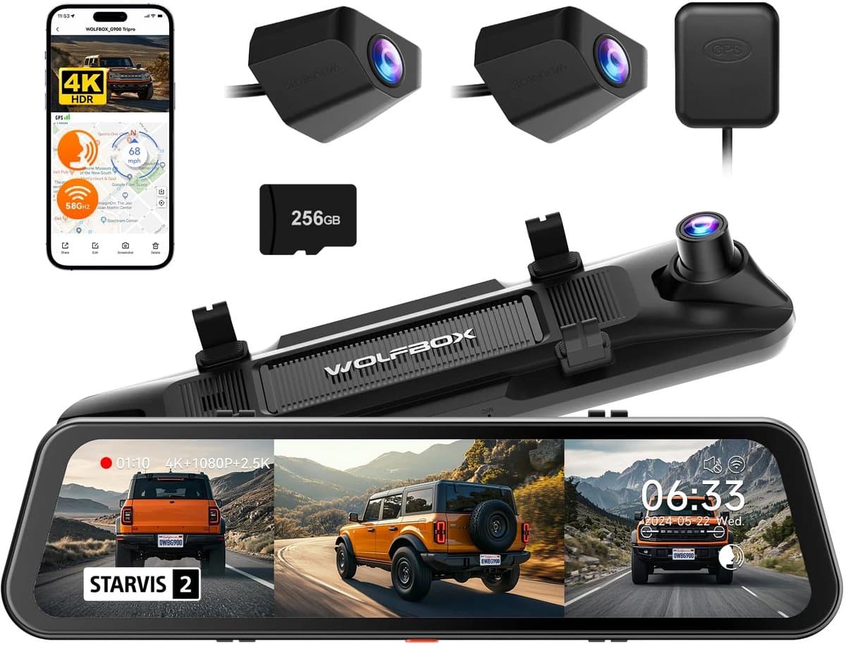 Wolfbox G900 Tripro bumper 3CH 4K Wifi GPS 256gb Mirror dashcam — afbeelding 1