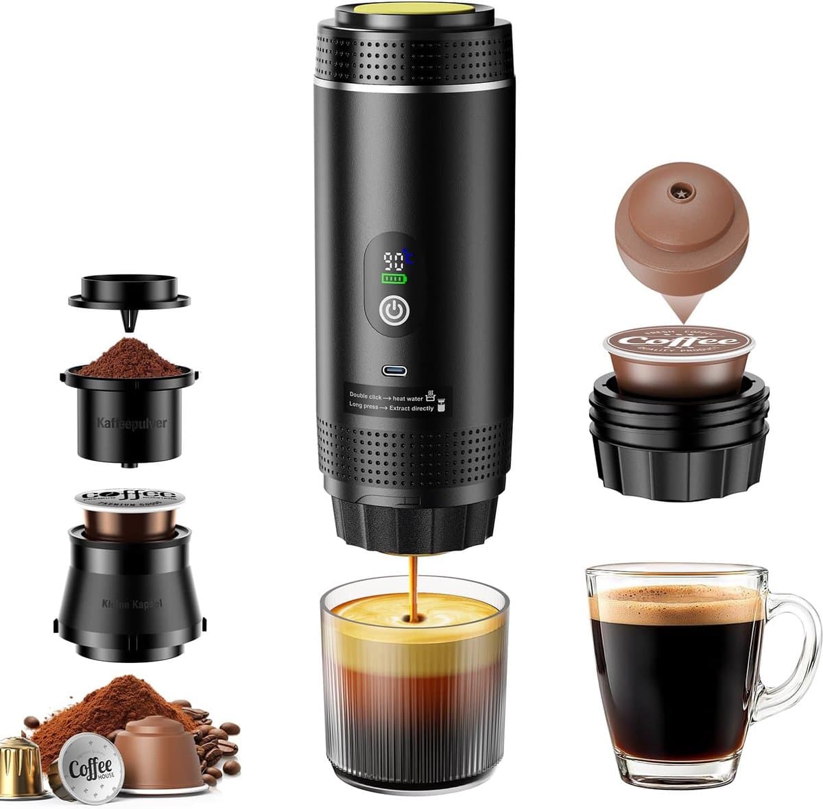 Mini Koffiezetapparaat - Draagbare Espresso - Koffie Maken - Accu Aangedreven - 80 ml Watertank - Zwart — afbeelding 1