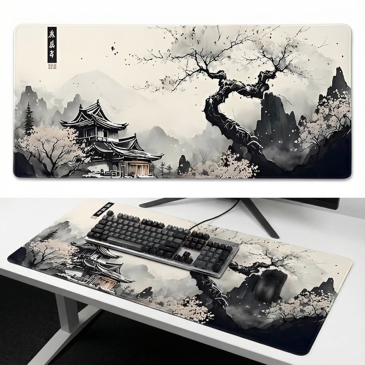 Zen Design XXL Muismat 90x40 – Japans Landschap – Anti-slip – Bureau Onderlegger — afbeelding 1