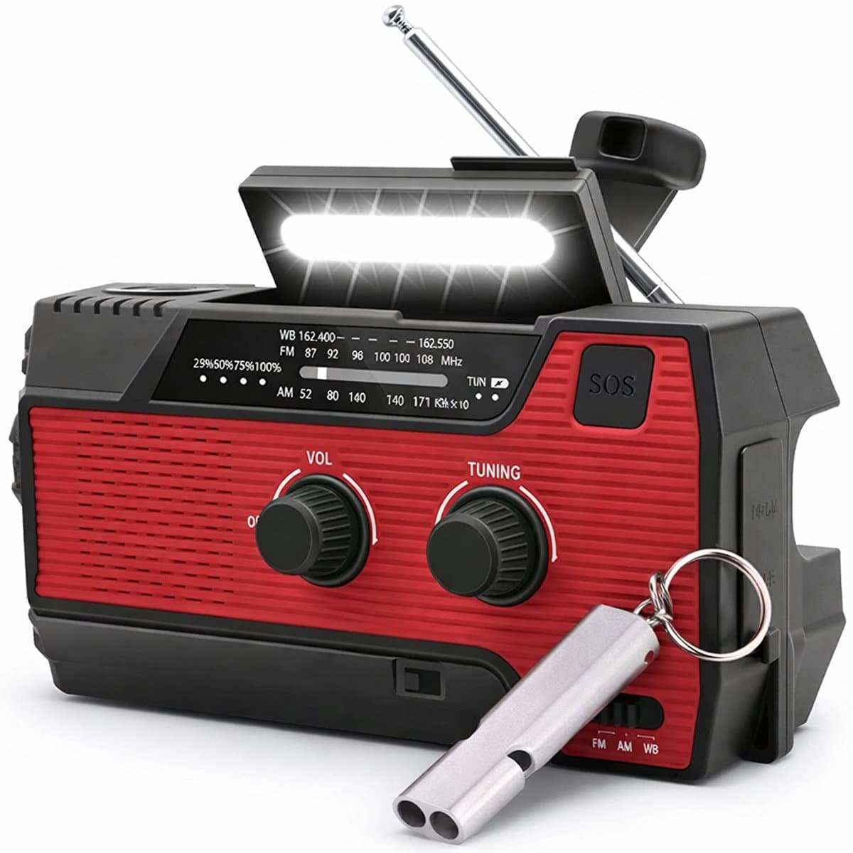 Noodradio Solar Opwindbaar en Batterij - Inclusief Noodfluitje - Noodpakket - Draagbare Survival Radio - 4000 mAh - Powerbank Zonneenergie - Bouwradio - Zaklamp – Rood — afbeelding 1