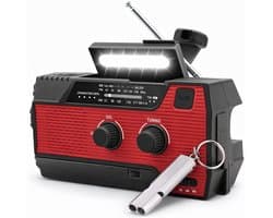 Noodradio Solar Opwindbaar en Batterij - Inclusief Noodfluitje - Noodpakket - Draagbare Survival Radio - 4000 mAh - Powerbank Zonneenergie - Bouwradio - Zaklamp – Rood