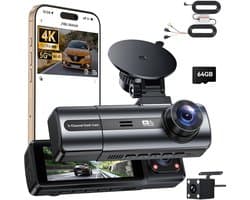 4K dashcam voor de auto - voor en achter met hardwire kit, wifi dashcam met parkeerbewaking, 64 GB SD-kaart, 3-kanaals autocamera met nachtzicht, 170° groothoek, WDR, G-sensor, loopopname