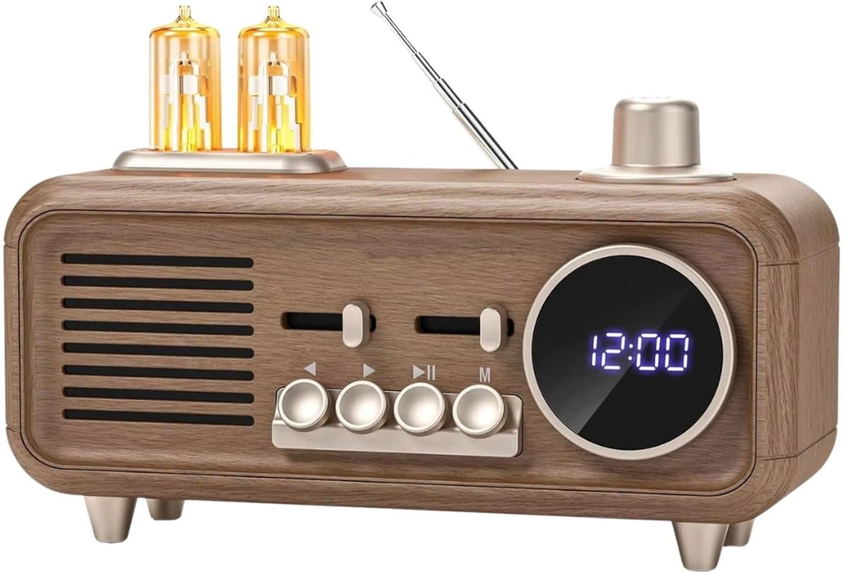 Retro Bluetooth Speaker met Digitale Klok - FM Radio - Nachtlamp - Bluetooth 5.4 - USB - TF - AUX - Houtlook — afbeelding 1
