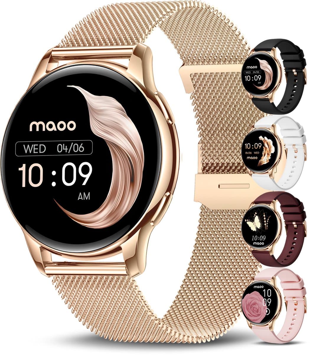 Maoo Ventura AMOLED Smartwatch Dames - RVS en 4x Siliconen Bandje - Stappenteller - Hartslagmeter - Slaapmonitor - Multisport - Geschikt voor Android en iOS - Rosé Goud en Roze — afbeelding 1