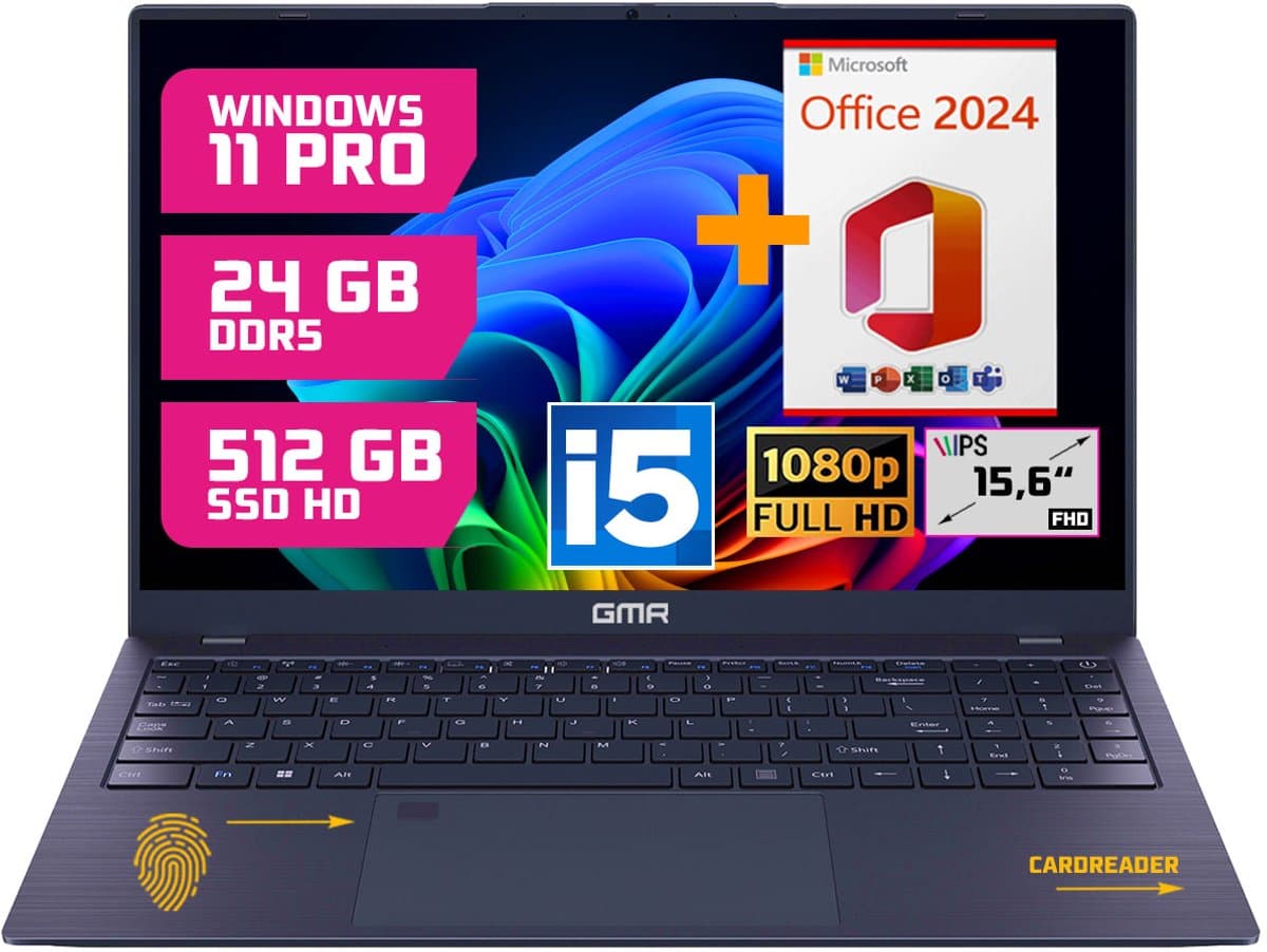 GMR Laptop 15.6 Inch Full HD IPS | Intel Core i5 | 24GB DDR5 RAM | 512GB SSD | Windows 11 Pro | Office 2024 | Zakelijke Laptop | Werk Laptop | Thuiswerk Laptop | Studenten Laptop — afbeelding 1