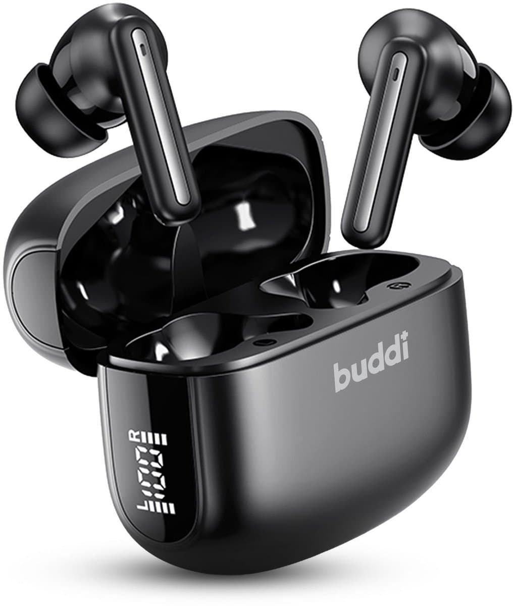Buddi Draadloze Oordopjes - Bluetooth Oordopjes - Oortjes Draadloos - Noise Cancelling - LED Display - Met Microfoon - Touch Controls - ANC + ENC - Zwart — afbeelding 1