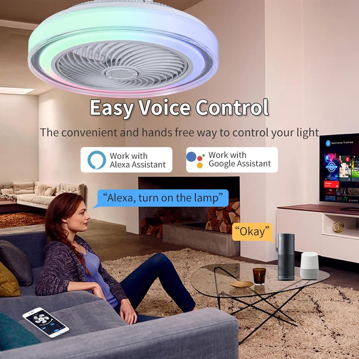 Slimme Plafondventilator Met RGB Verlichting, Muziek en Alexa Voor Slaapkamer en Woonkamer — afbeelding 1
