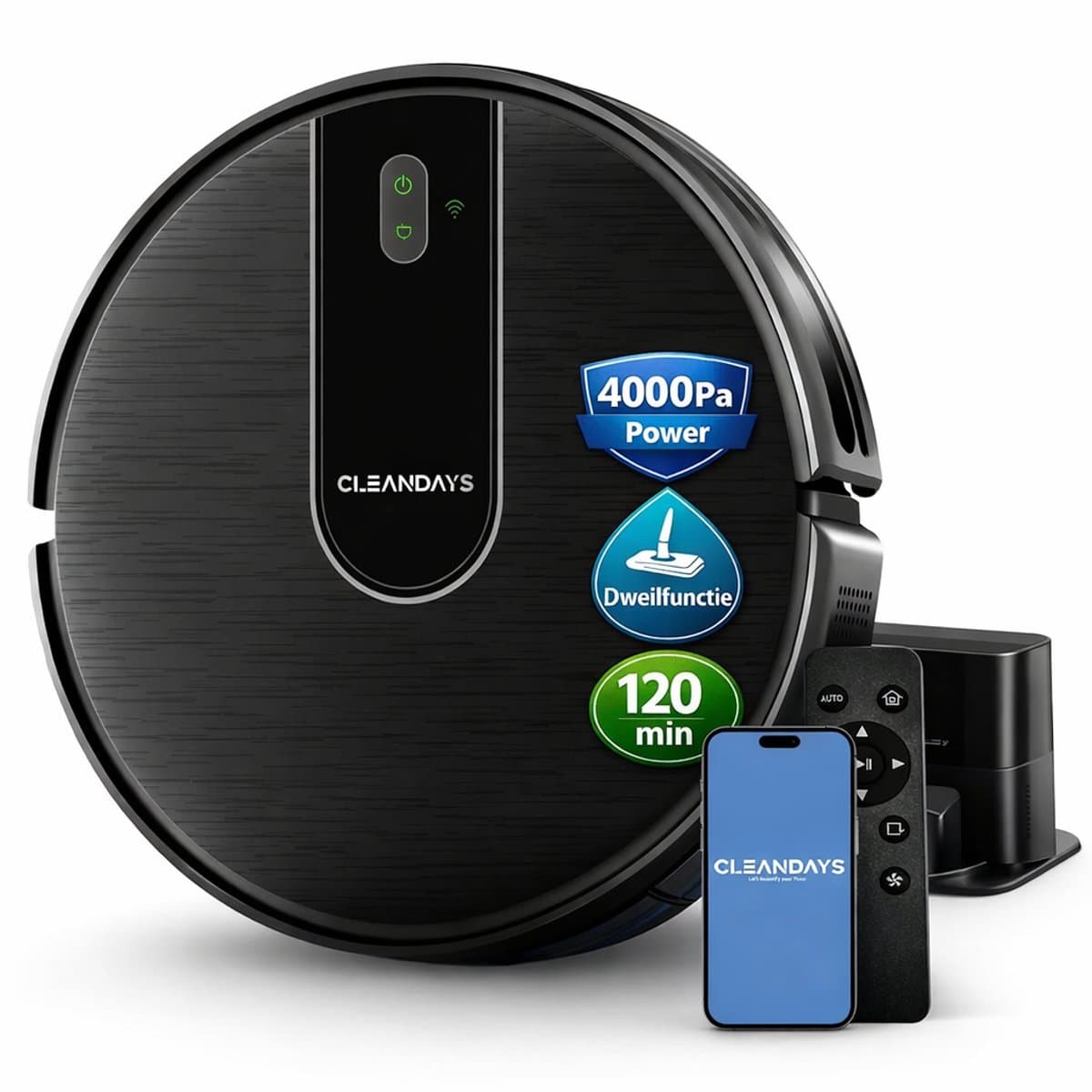 CleanDays D3-300MAX Robotstofzuiger + Dweil | 4000Pa | Voor harde vloeren | 120 min | Laadstation — afbeelding 1