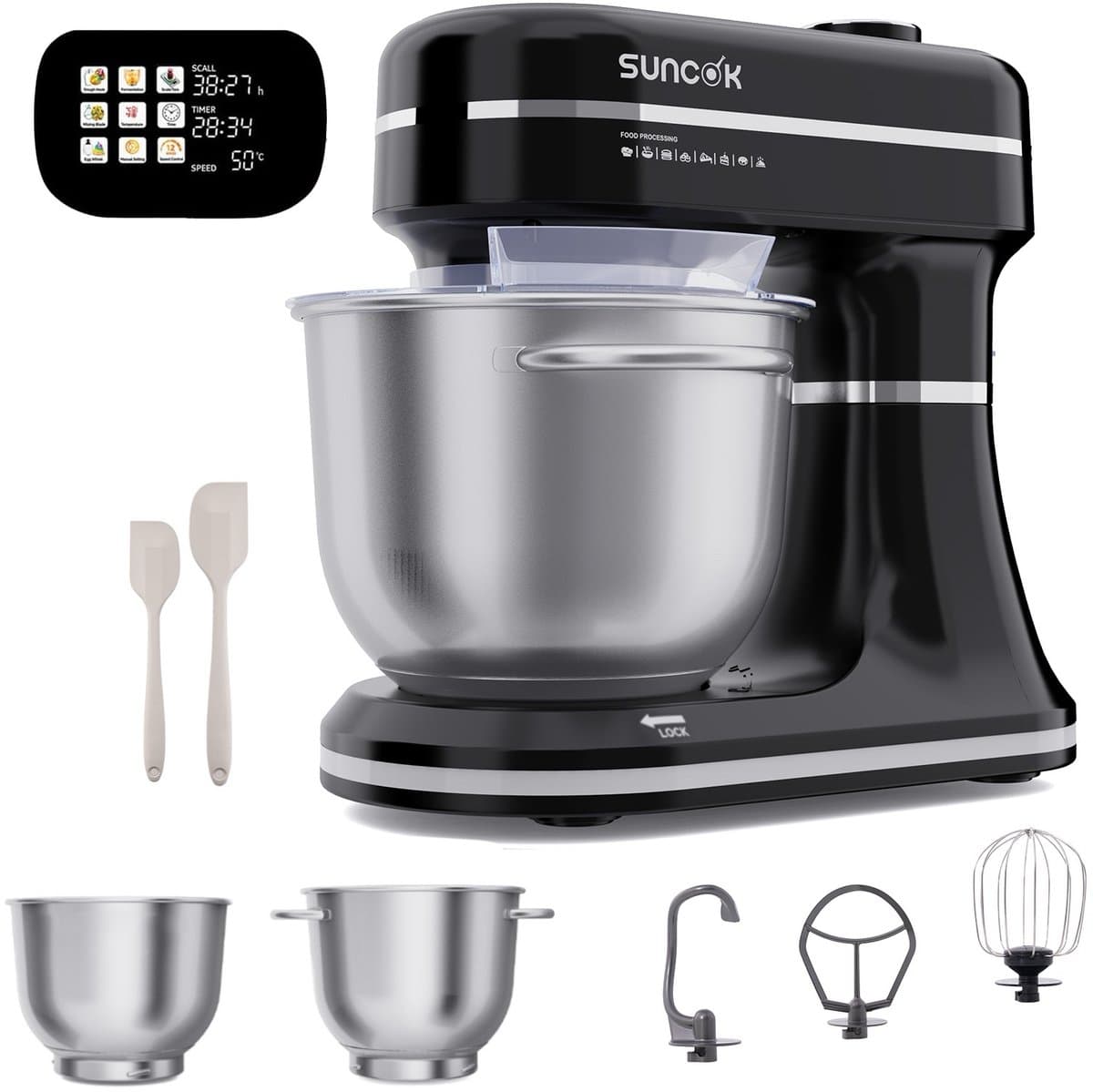 SUNCOK Keukenmixer, Keukenmachine, Slim aanraakpaneel, met 2 roestvrijstalen mengkommen: 4,5 l en 5,5 l. Krachtige motor van 1500 W, geluidsniveau 59 dB. Blender, geschikt voor bakken en deeg kneden. — afbeelding 1