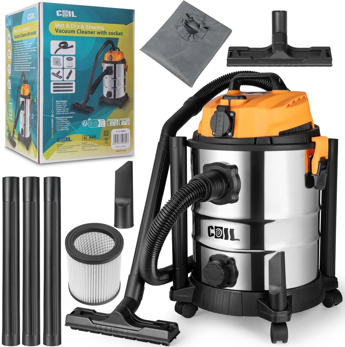 COIL Nat- en Droogzuiger - 1300W - 25L - met Stopcontact, Blaasfunctie en HEPA-filter – Krachtige Industriële Stofzuiger voor Werkplaats en Bouw - 220-240 V - 18 kPa — afbeelding 1